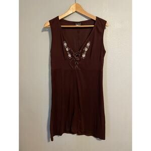 Vintage Womens Mini Dress Large Brown Floral Embroidered Babydoll Forest Fairy